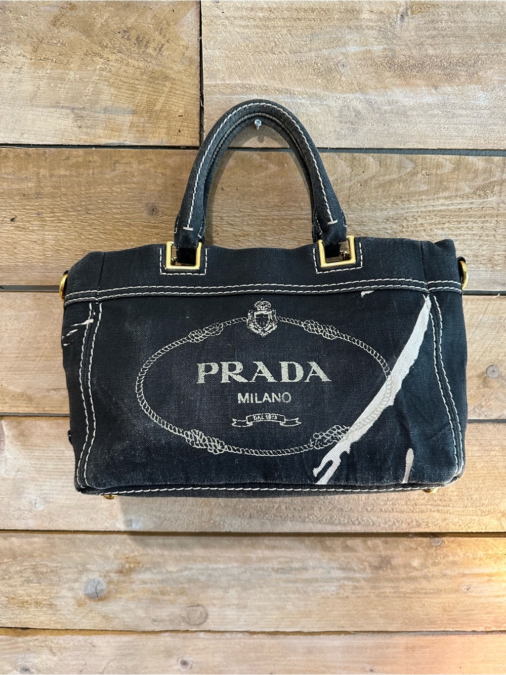 Prada Canapa Black Painted Denim Tote BN2070 Auth Cards